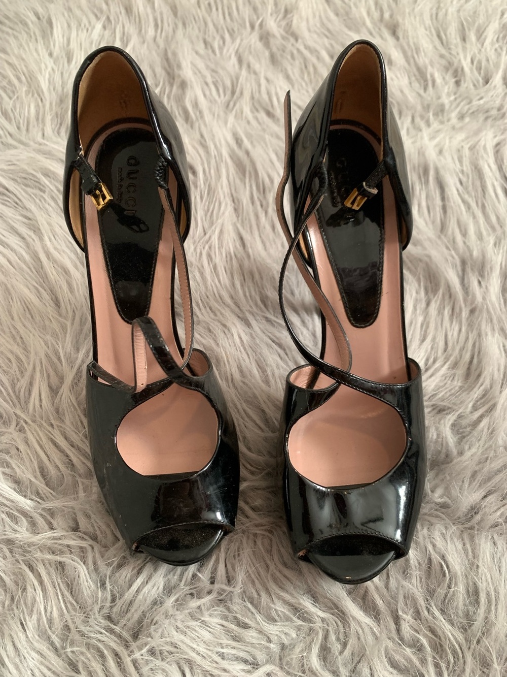 Gucci black patent leather Lili open-toe platform pumps